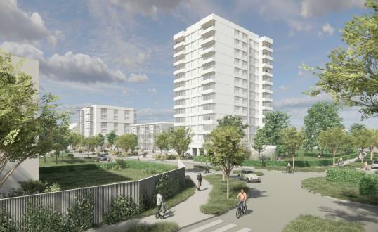 Blick von der Steinbachstrasse in die Neumattstrasse: Links die neuen 3- und 6-geschossigen Wohngebäude, rechts das bestehende Hochhaus. (Visualisierung: Graber Pulver Architekten)